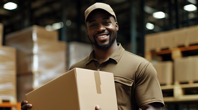 Un livreur noir souriant portant un uniforme et une casquette marron, tenant une boîte en carton dans un entrepôt, bannière conceptuelle d'une société de services d'expédition commerciale.