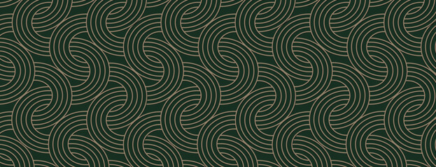 Dark green background with a wavy line pattern. The background has a seamless, elegant texture with green and beige swirls. Vector. Art deco pattern background. Green background vector.