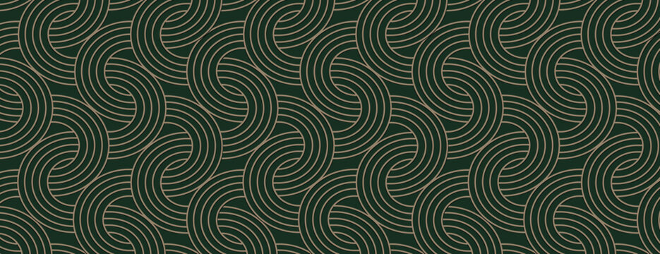 Dark green background with a wavy line pattern. The background has a seamless, elegant texture with green and beige swirls. Vector. Art deco pattern background. Green background vector.