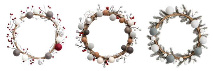 Three decorative wreaths adorned with colorful stones and natural elements, set against a black background.