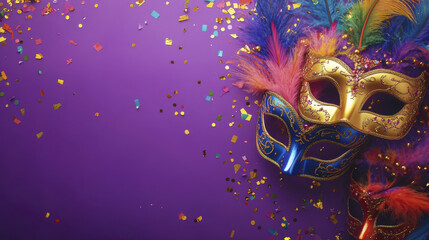 Colorful masks with vibrant feathers and confetti on purple background create festive atmosphere perfect for celebrations