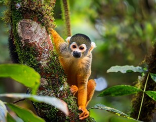 Obraz premium Squirrel monkey, Saimiri oerstedii, sitting on the tree trunk with green leaves, Corcovado NP, Costa Rica. Monkey in the tropic forest vegetation. Wildlife scene from nature. Beautiful cute animal.