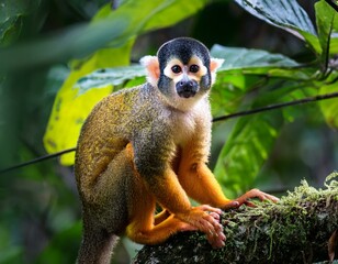 Obraz premium Squirrel monkey, Saimiri oerstedii, sitting on the tree trunk with green leaves, Corcovado NP, Costa Rica. Monkey in the tropic forest vegetation. Wildlife scene from nature. Beautiful cute animal.