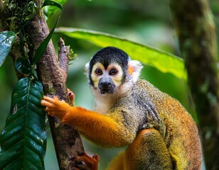 Obraz premium Squirrel monkey, Saimiri oerstedii, sitting on the tree trunk with green leaves, Corcovado NP, Costa Rica. Monkey in the tropic forest vegetation. Wildlife scene from nature. Beautiful cute animal.