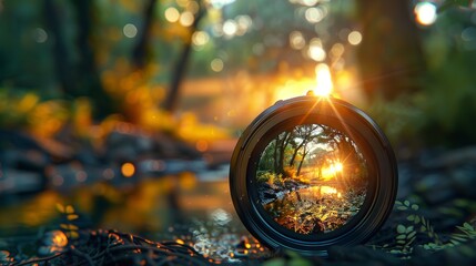 A close-up of a Camera lens with nature reflection on natural park, AI Generative.