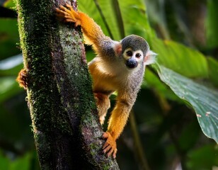 Squirrel monkey, Saimiri oerstedii, sitting on the tree trunk with green leaves, Corcovado NP, Costa Rica. Monkey in the tropic forest vegetation. Wildlife scene from nature. Beautiful cute animal.