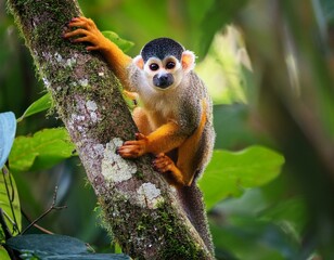 Fototapeta premium Squirrel monkey, Saimiri oerstedii, sitting on the tree trunk with green leaves, Corcovado NP, Costa Rica. Monkey in the tropic forest vegetation. Wildlife scene from nature. Beautiful cute animal.