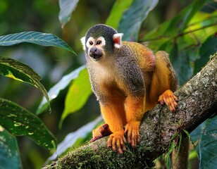 Obraz premium Squirrel monkey, Saimiri oerstedii, sitting on the tree trunk with green leaves, Corcovado NP, Costa Rica. Monkey in the tropic forest vegetation. Wildlife scene from nature. Beautiful cute animal.