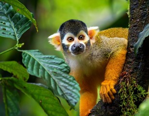 Obraz premium Squirrel monkey, Saimiri oerstedii, sitting on the tree trunk with green leaves, Corcovado NP, Costa Rica. Monkey in the tropic forest vegetation. Wildlife scene from nature. Beautiful cute animal.
