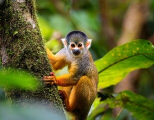 Obraz premium Squirrel monkey, Saimiri oerstedii, sitting on the tree trunk with green leaves, Corcovado NP, Costa Rica. Monkey in the tropic forest vegetation. Wildlife scene from nature. Beautiful cute animal.