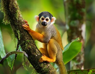 Fototapeta premium Squirrel monkey, Saimiri oerstedii, sitting on the tree trunk with green leaves, Corcovado NP, Costa Rica. Monkey in the tropic forest vegetation. Wildlife scene from nature. Beautiful cute animal.