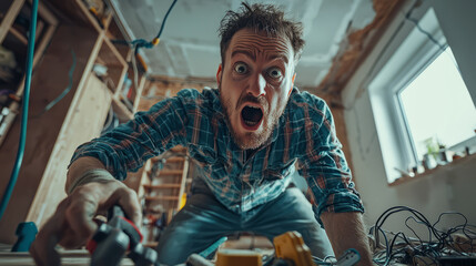 A man working on home electrical repairs, caught in the moment of being shocked by a faulty wire, his expression frozen in surprise and pain.