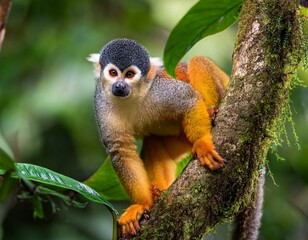Obraz premium Squirrel monkey, Saimiri oerstedii, sitting on the tree trunk with green leaves, Corcovado NP, Costa Rica. Monkey in the tropic forest vegetation. Wildlife scene from nature. Beautiful cute animal.