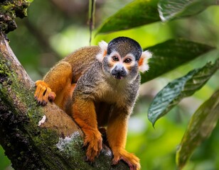 Fototapeta premium Squirrel monkey, Saimiri oerstedii, sitting on the tree trunk with green leaves, Corcovado NP, Costa Rica. Monkey in the tropic forest vegetation. Wildlife scene from nature. Beautiful cute animal.