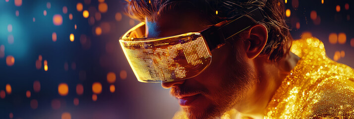 A businessman in augmented reality glasses interacting with holographic business analytics and mentoring tips.