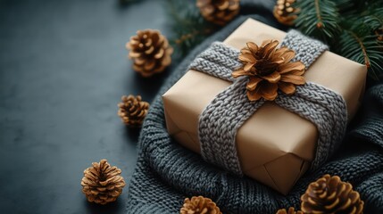 Fototapeta premium Christmas gift wrapped in craft paper, grey knitted ribbon and pine cones. Happy New Year