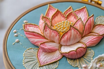 Lotus embroidery in hoop on blue canvas, handmade DIY