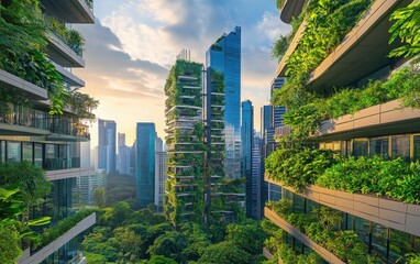 Obraz premium A dynamic cityscape featuring sleek skyscrapers integrated with vertical gardens, representing sustainable urban development