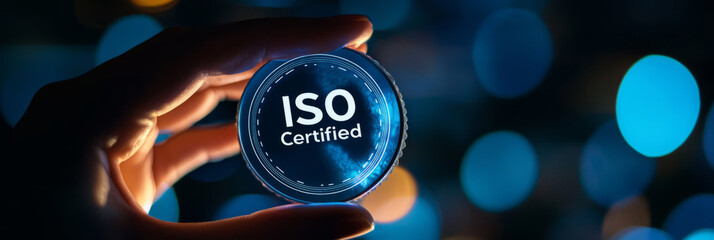 Two hands holding a shiny, official-looking ISO Certified badge in front of a blurred business background.