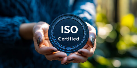Fototapeta premium Two hands holding a shiny, official-looking ISO Certified badge in front of a blurred business background.