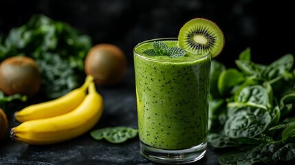 Fototapeta premium A refreshing spinach and banana smoothie in a tall glass, garnished with a slice of kiwi and a sprig of mint, surrounded by leafy greens and whole green fruits, bright natural lighting,