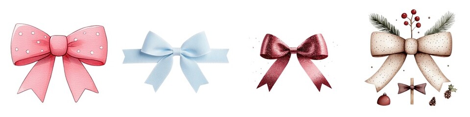 Collection of decorative ribbons in pastel colors on a white isolate background.