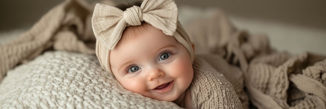 Adorable baby girl smiling while lying on a blanket