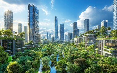 Naklejka premium A striking image of modern skyscrapers surrounded by lush greenery, symbolizing sustainable urban development, with a bright blue sky
