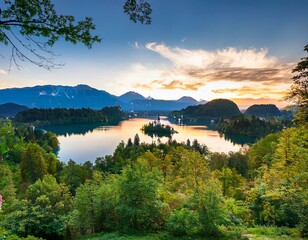 Fototapeta premium Lake Bled with St Marys church on the small island and stunning sunset,Bled,Slovenia,Europe