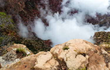 Looking down at clouds of white fog