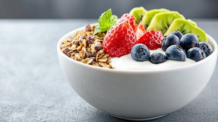 A fresh yogurt bowl topped with granola, strawberries, blueberries, kiwi, and mint leaves, offering a healthy, colorful breakfast option.