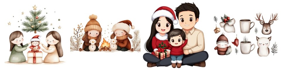 Festive Christmas illustrations featuring family, decorations, and holiday symbols on a white background.