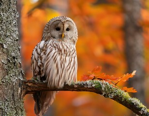 Barred Owl (Strix varia), among autumn foliage.
