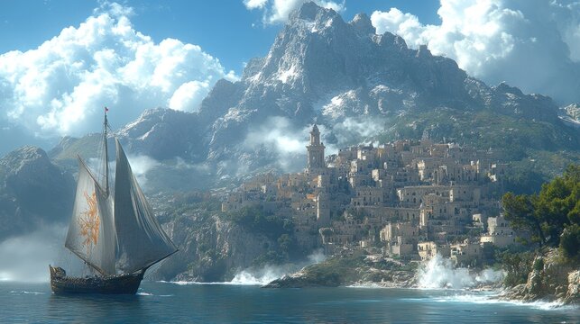 A sailboat sails past a picturesque coastal town nestled against a towering mountain range.