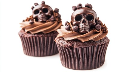 Chocolate cupcakes with skull decorations, spooky and festive, isolated on white background