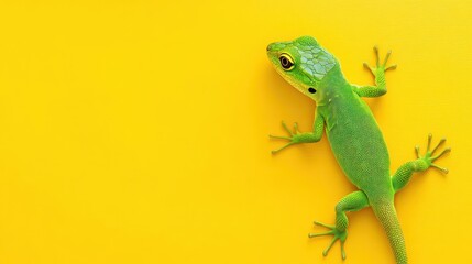 Fototapeta premium A delightful green lizard on a sunny yellow background