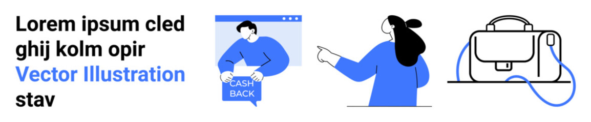 User holding a cashback sign, a woman pointing to the offer, and a modern backpack. Ideal for e-commerce, promotions, online shopping, user engagement, marketing. Banner for landing page