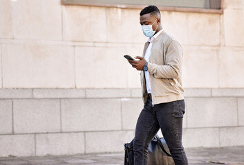 Business, black man and face mask for travel outdoor with compliance, health safety and morning...