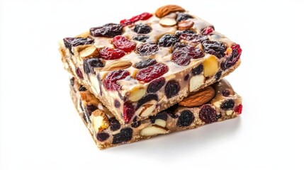 Christmas fruitcake slices with dried fruits and nuts, isolated on white background