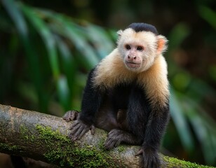 cute wild capuchin monkey jumping on palm trees in manuel antonio national park, Costa Rica, near quepos; Costa Rica wildlife in the rainforest 