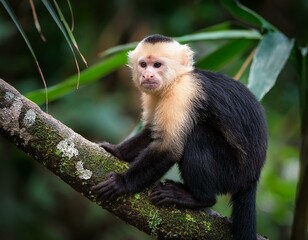 Fototapeta premium cute wild capuchin monkey jumping on palm trees in manuel antonio national park, Costa Rica, near quepos; Costa Rica wildlife in the rainforest 