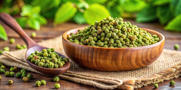 A close-up of green Sichuan pepper timur seed with blurred background of tree and medicinal plant