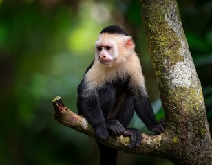 Obraz premium cute wild capuchin monkey jumping on palm trees in manuel antonio national park, Costa Rica, near quepos; Costa Rica wildlife in the rainforest 