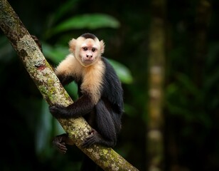 Obraz premium cute wild capuchin monkey jumping on palm trees in manuel antonio national park, Costa Rica, near quepos; Costa Rica wildlife in the rainforest 