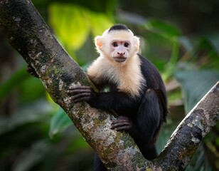 cute wild capuchin monkey jumping on palm trees in manuel antonio national park, Costa Rica, near quepos; Costa Rica wildlife in the rainforest 