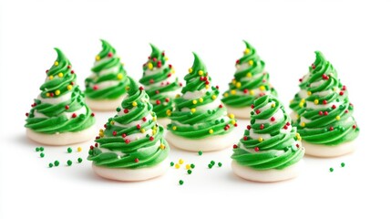 Christmas meringue cookies shaped like Christmas trees with green icing and sprinkles, isolated on white background