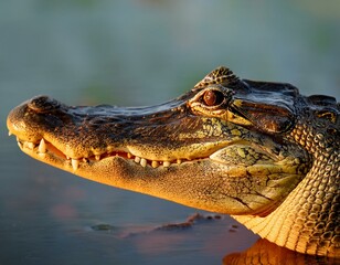 Fototapeta premium Portrait of Yacare Caiman in blue water of Cano Negro, Costa Rica.