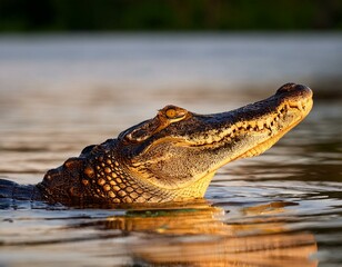 Fototapeta premium Portrait of Yacare Caiman in blue water of Cano Negro, Costa Rica.