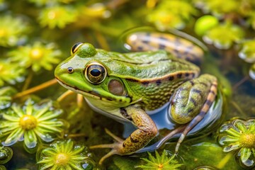 Obraz premium Aerial view of green frog lithobates clamitans in the pond