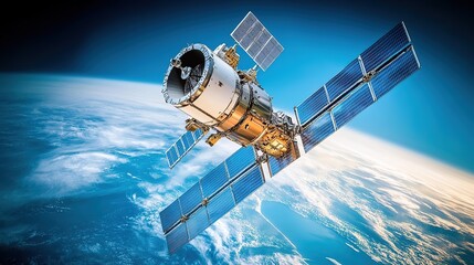 Fototapeta premium Satellite orbiting earth, symbolizing global communication and data transmission